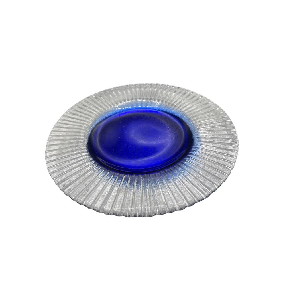 Vintage Pier 1 Cobalt Blue Center Salad Dessert Plates Clear Ribbed Rim Set of 6